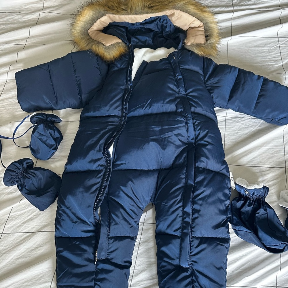 Navy Blue Kids Puffer Snowsuit with Fur Trim